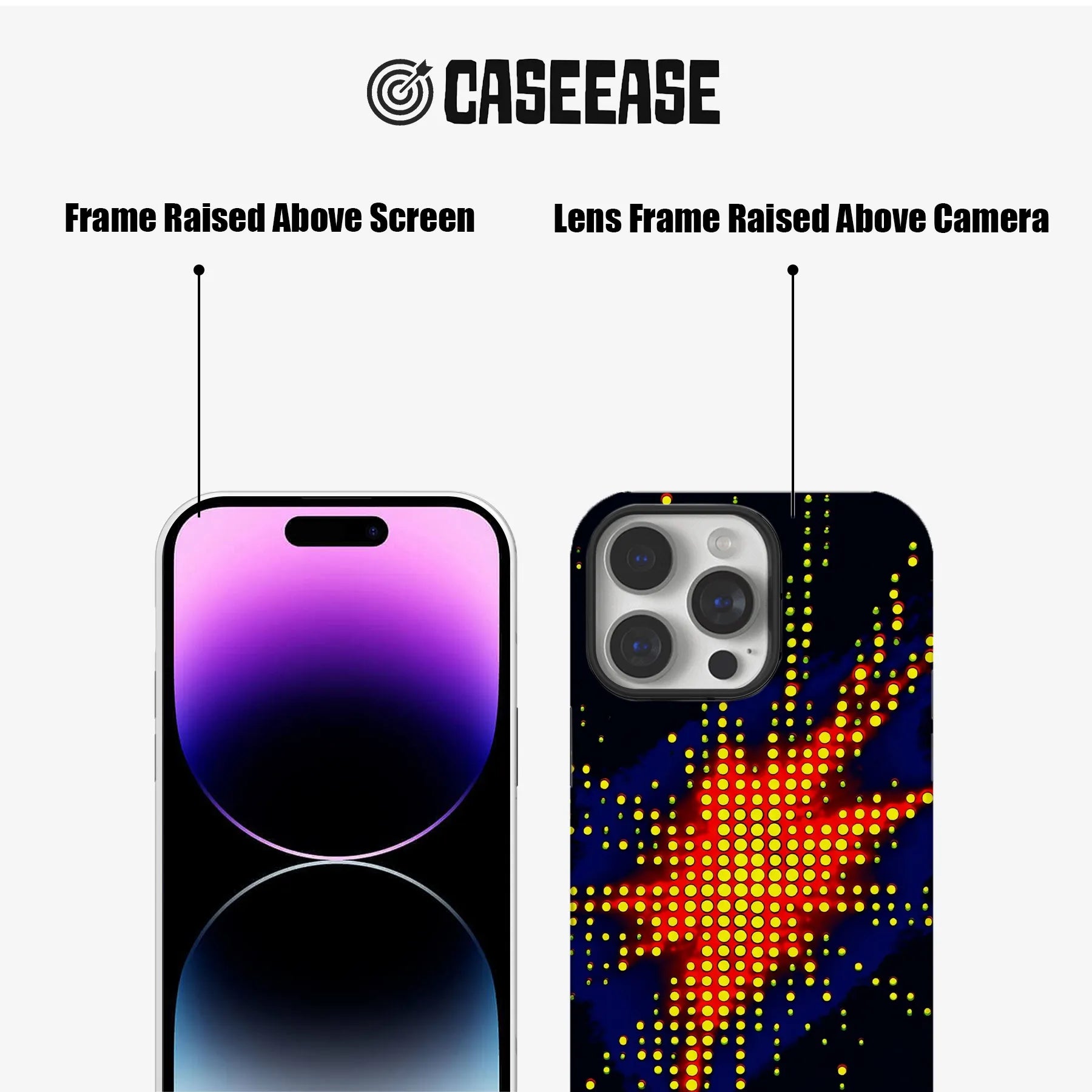 Black CASEEASE phone case with colorful dot burst, front and rear raised-frame close-up