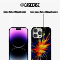 Black CASEEASE phone case with colorful dot burst, front and rear raised-frame close-up