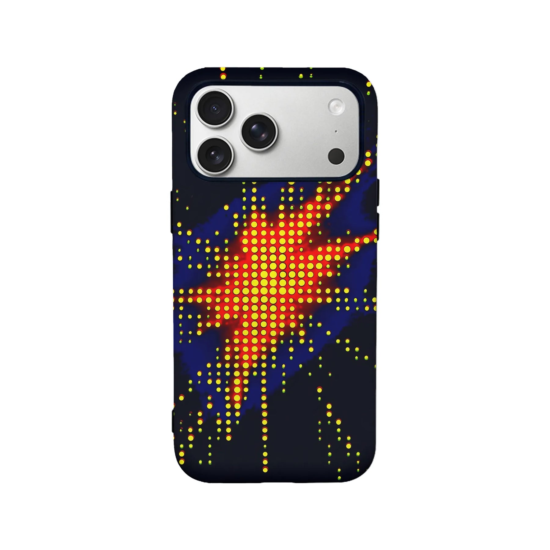 Black plastic phone case with yellow, red, and blue dotted starburst, rear view