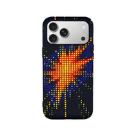 Black plastic phone case with yellow, red, and blue dotted starburst, rear view