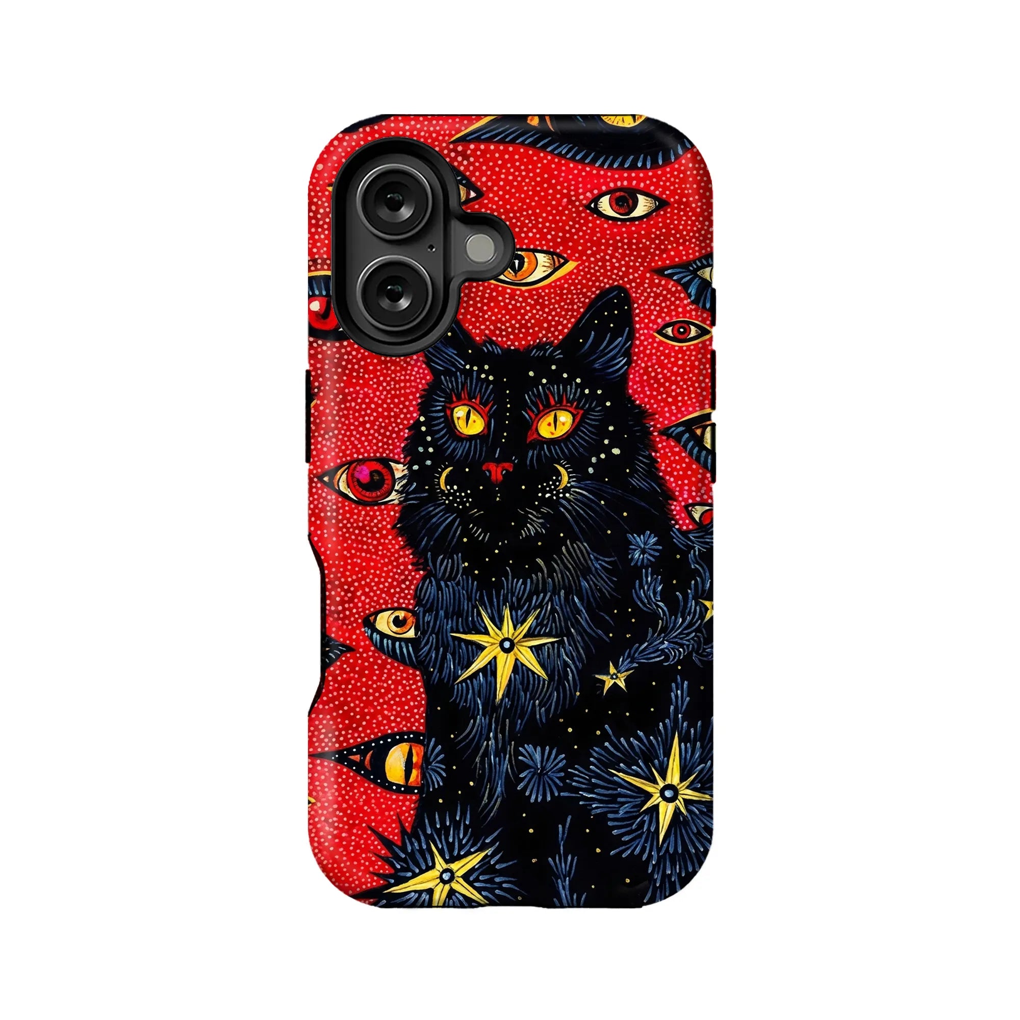 Red illustrated phone case with black cat, eyes and stars, rear product view