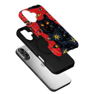 Red black cat and eye patterned phone case shown angled above smartphone and black inner shell