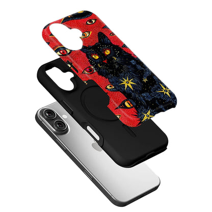 Red black cat and eye patterned phone case shown angled above smartphone and black inner shell