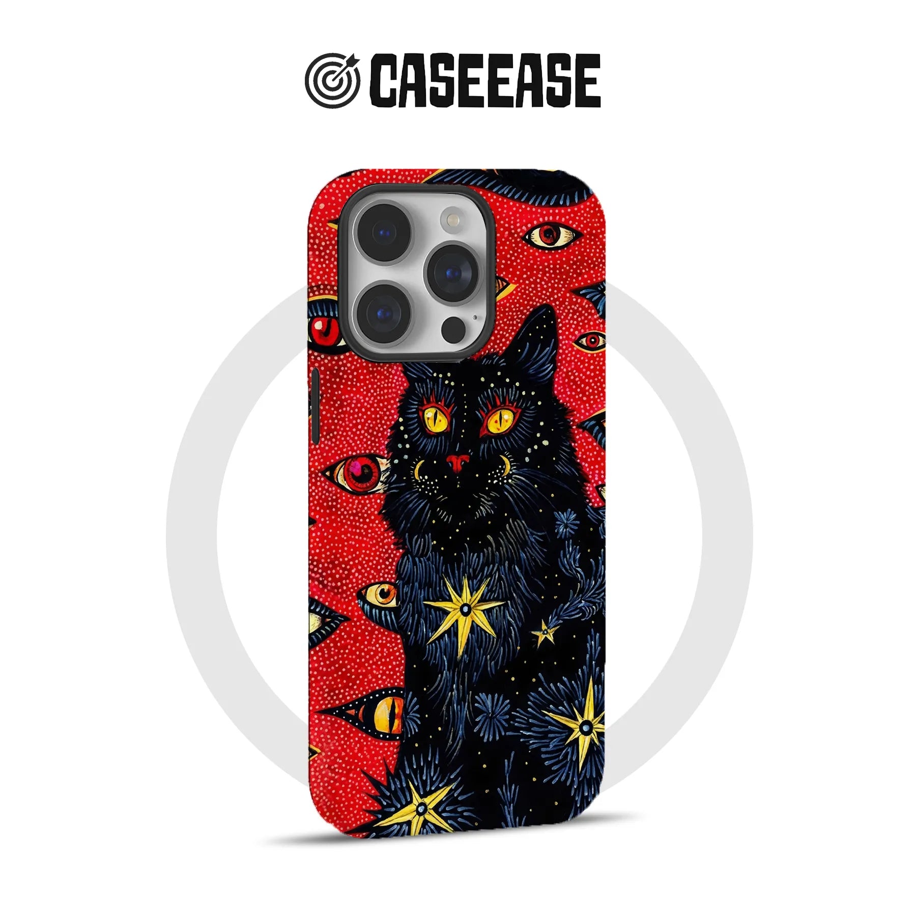 Red black cat and eye pattern phone case shown from rear angle