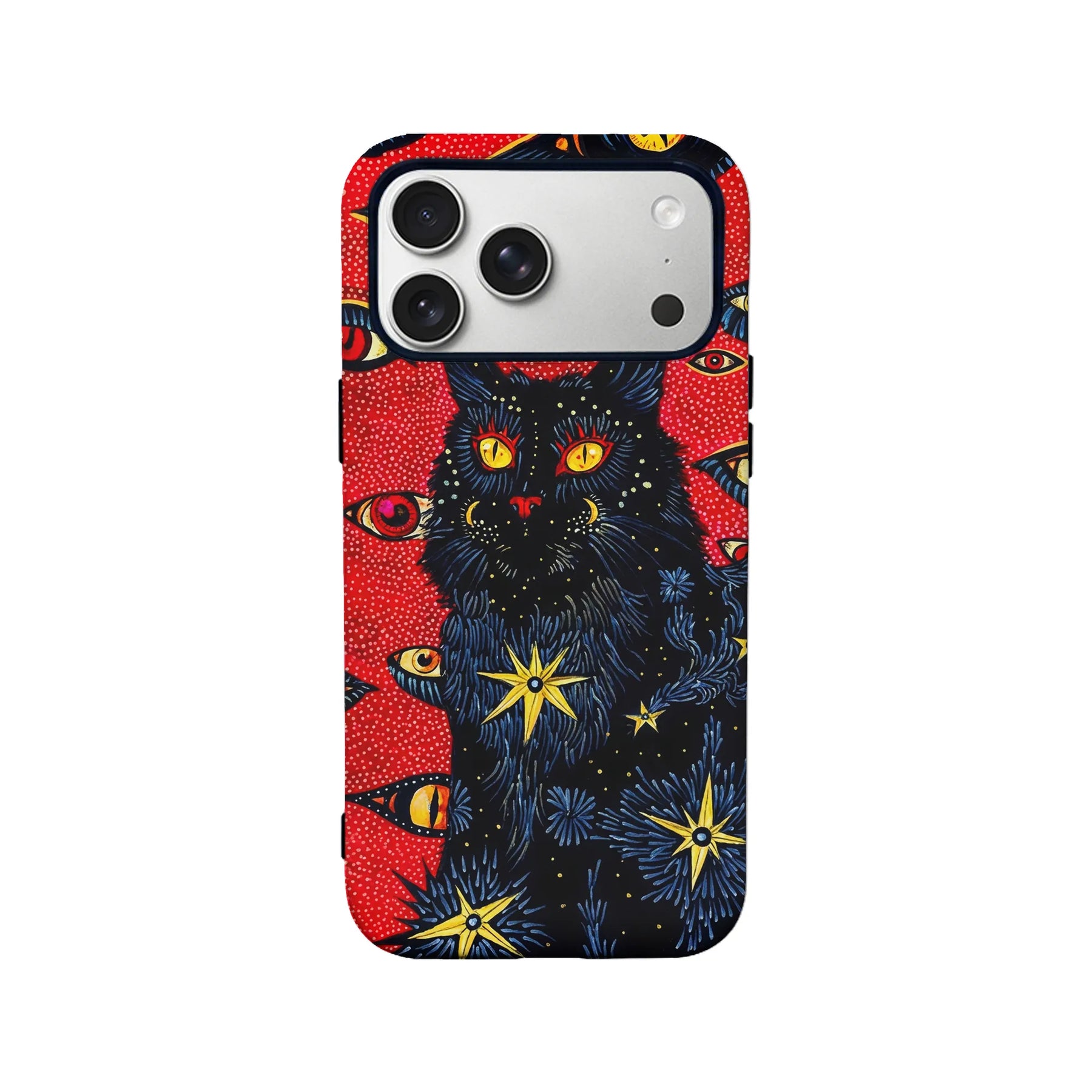 Red illustrated plastic phone case with black cat and eyes, rear product view