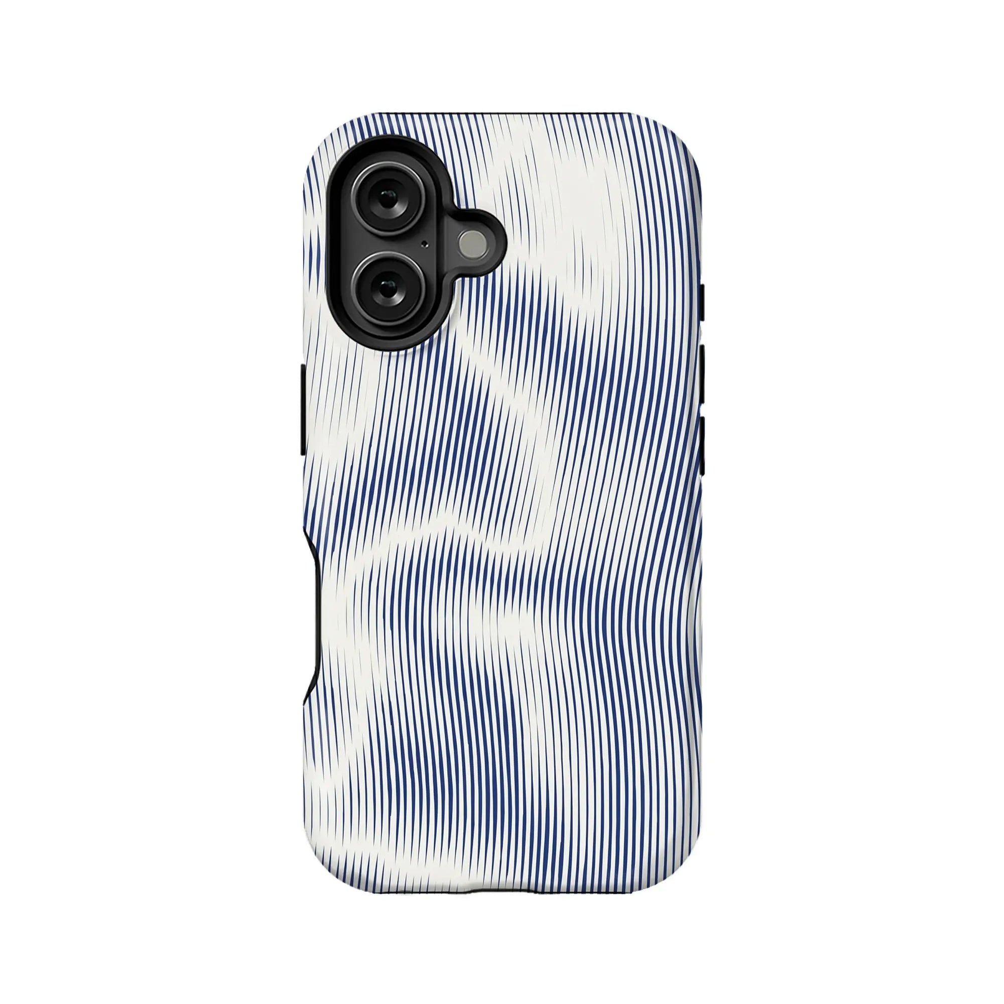 Blue and white striped phone case with dual camera cutout, rear product view