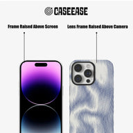 White and blue striped CASEEASE phone case close-up showing raised screen and camera frames