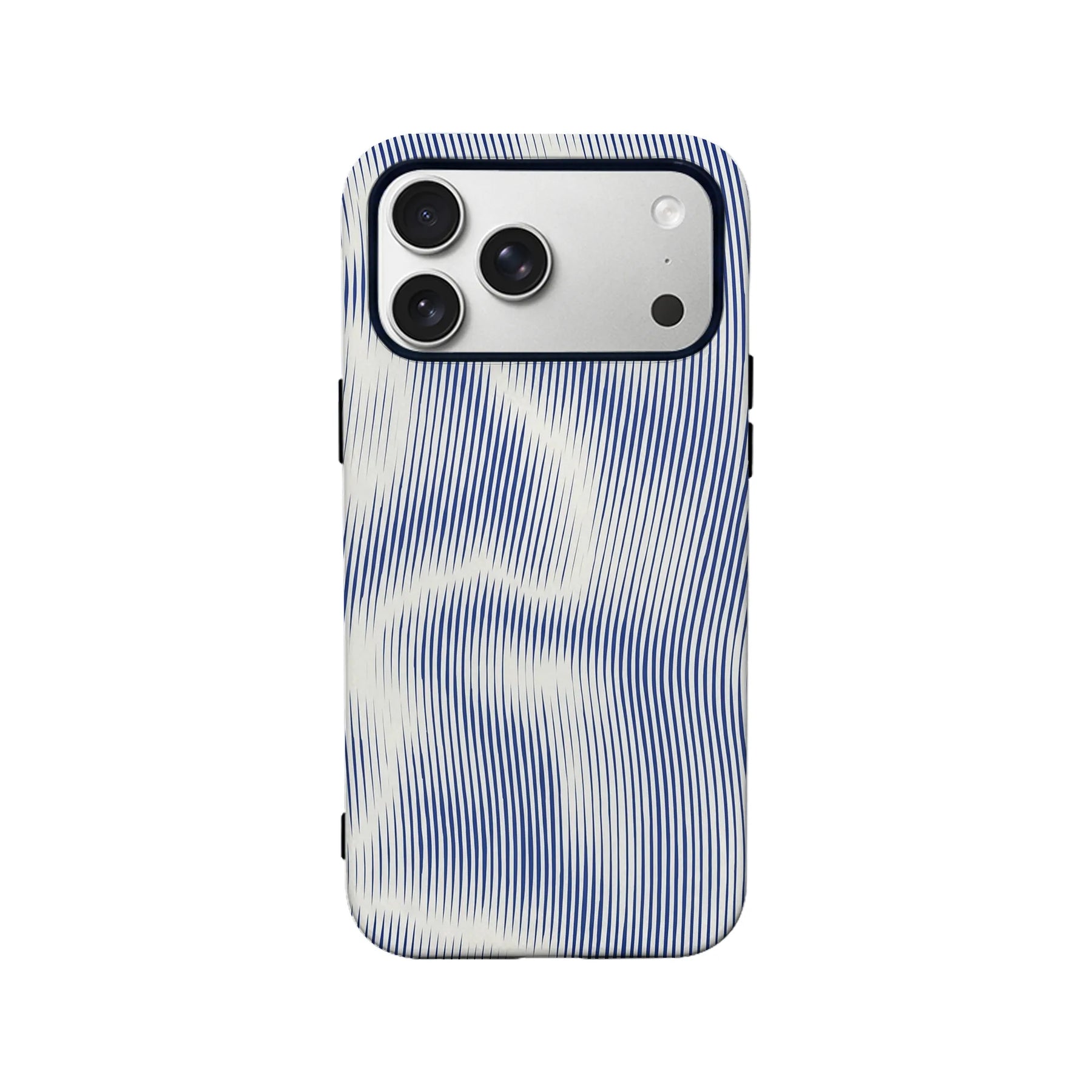Blue and white striped phone case with camera cutouts, rear product view