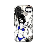 White phone case back with black anime sketch, blue accents, and camera cutout