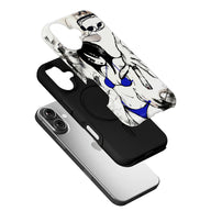 Black phone case with white blue fashion illustration, angled exploded product view