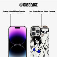 CASEEASE black and white anime phone case close-up showing raised screen and camera frames