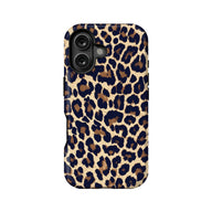 Navy, tan, and brown leopard print phone case, back angle with dual camera cutout