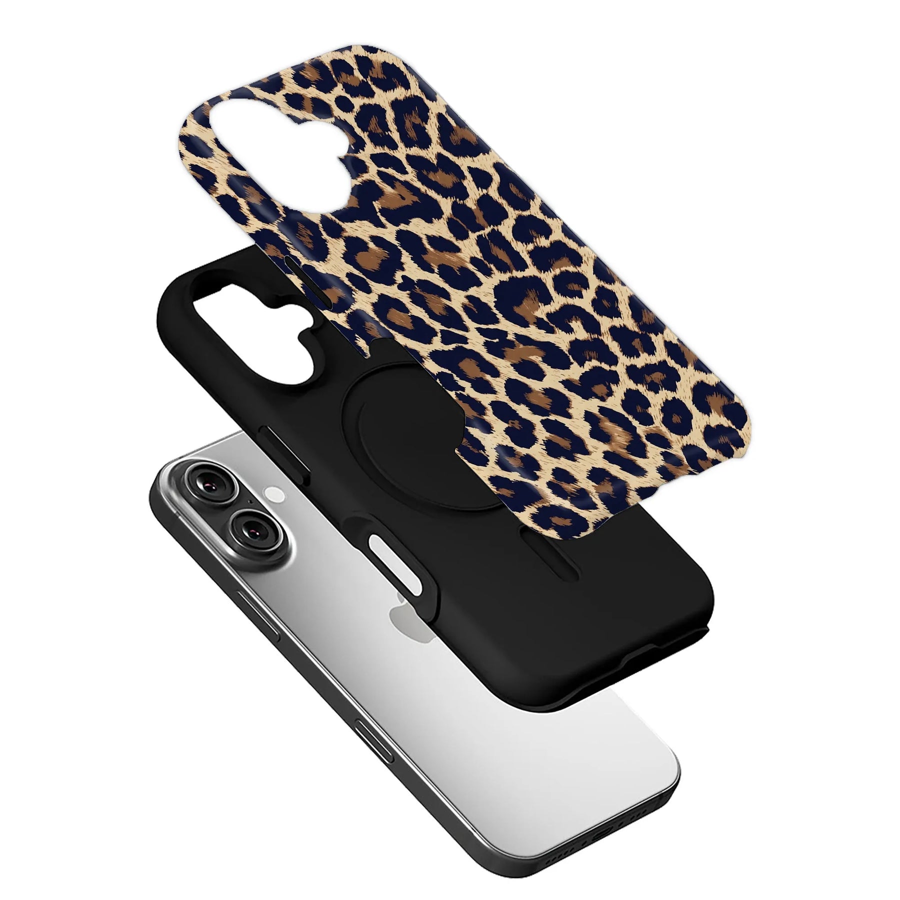 Leopard print brown and navy phone case shown in angled exploded product view