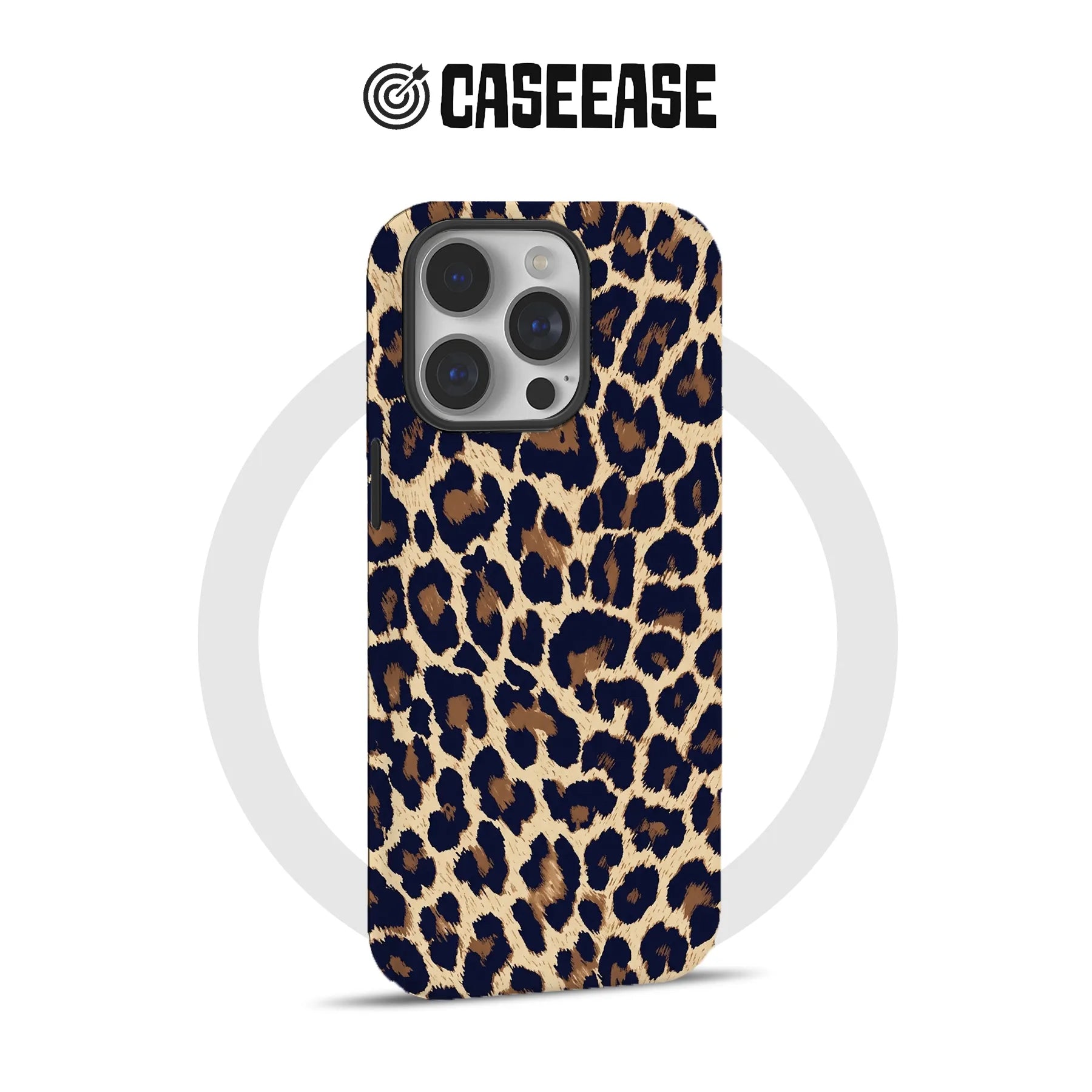 Tan, brown and black leopard print iPhone case shown from rear product angle
