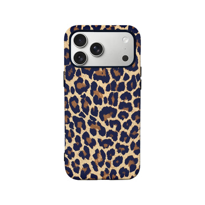 Navy and tan leopard print phone case shown from back for iPhone product page