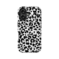 Back view of black, gray, and white leopard print plastic phone case