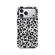 Black gray white leopard print plastic phone case, rear view with camera cutout