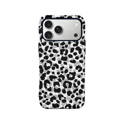 Black gray white leopard print plastic phone case, rear view with camera cutout