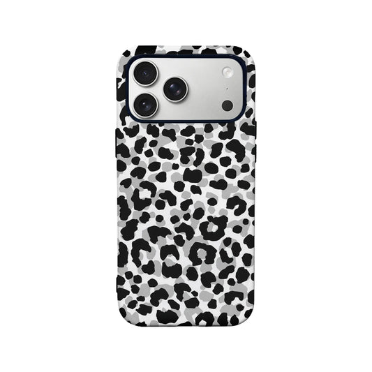 Black gray white leopard print plastic phone case, rear view with camera cutout