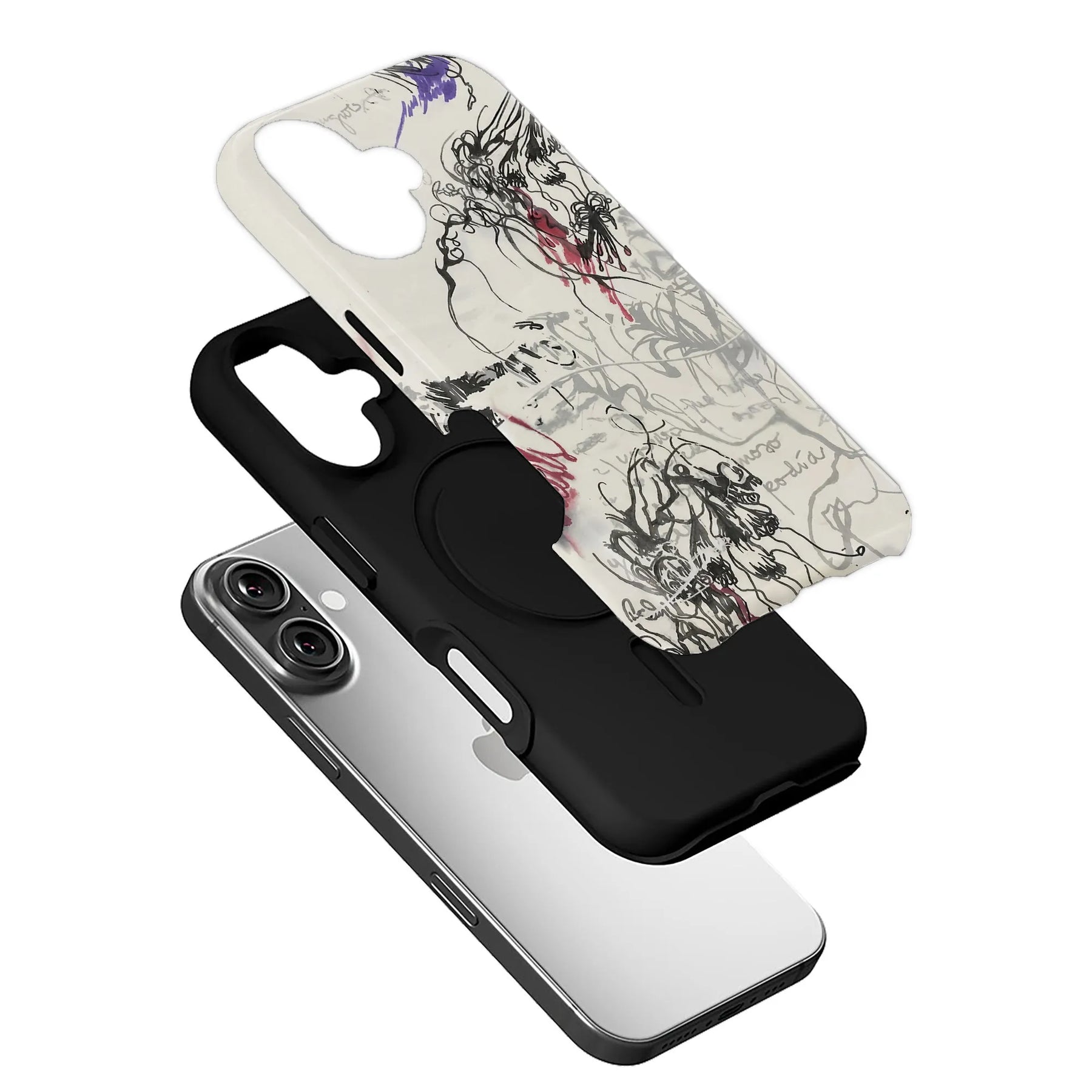 Exploded angled black phone case with translucent abstract sketch cover for smartphone