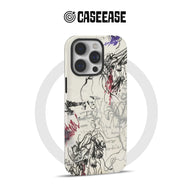 Cream phone case with black gray red abstract doodles, rear product angle