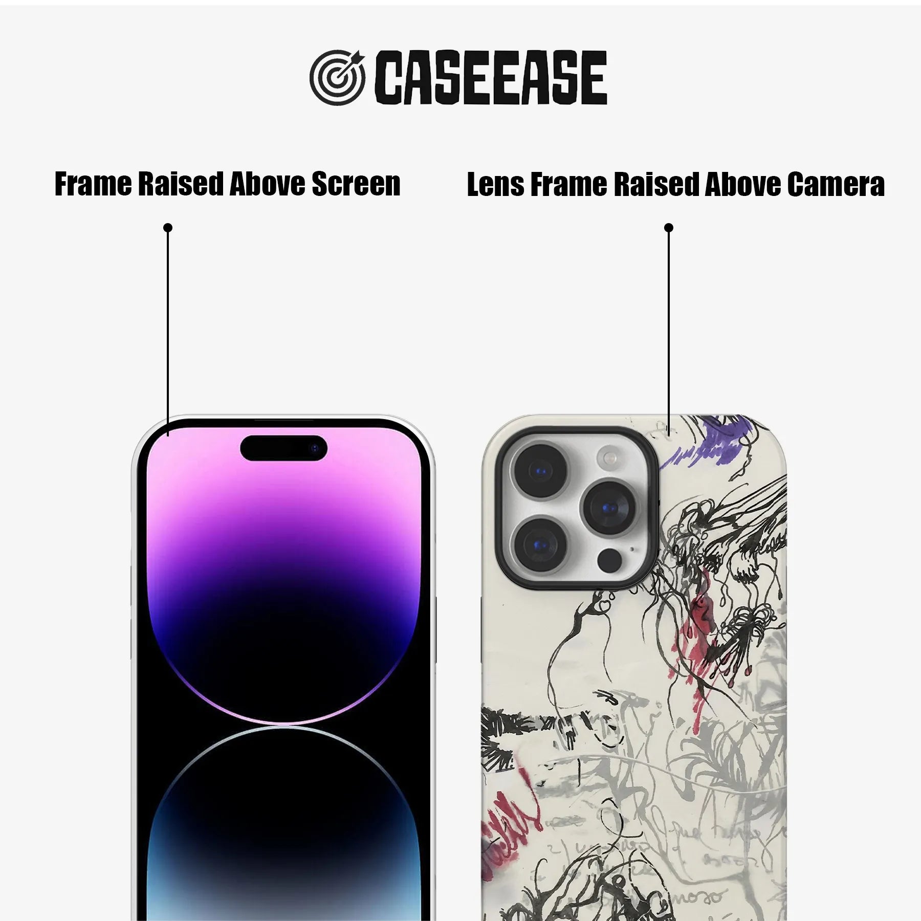 CaseEase clear doodle phone case front and rear views with raised screen and camera frames