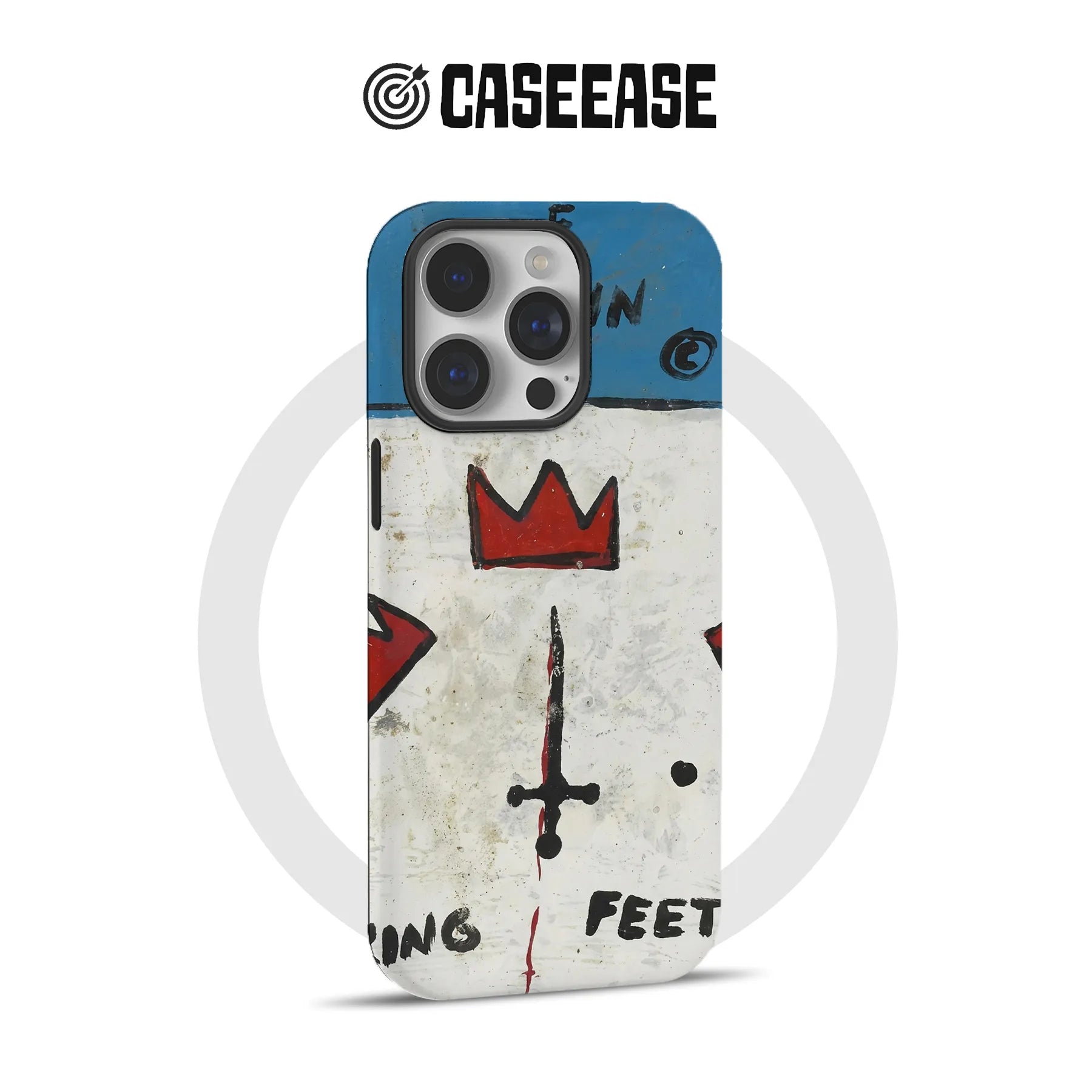 Front-facing phone case with blue white graffiti crown design and camera cutout