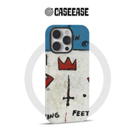 Front-facing phone case with blue white graffiti crown design and camera cutout