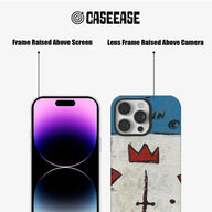 White and blue graffiti phone case close-up showing raised screen and camera frames