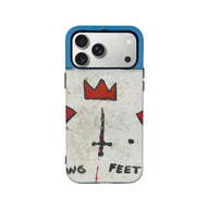 White distressed smartphone case with red crown artwork and blue camera border, rear view