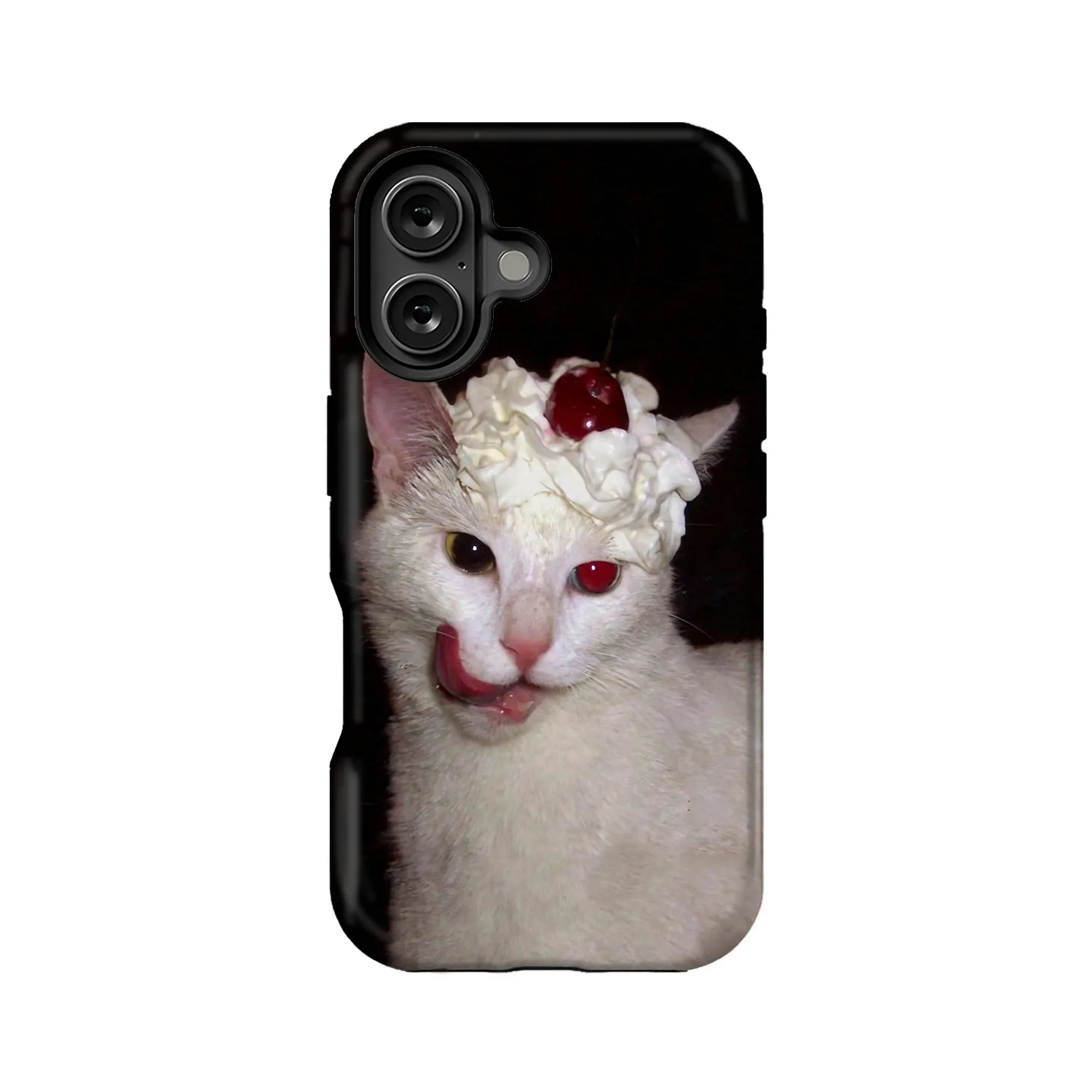 Black phone case with white cat whipped cream cherry print, rear view