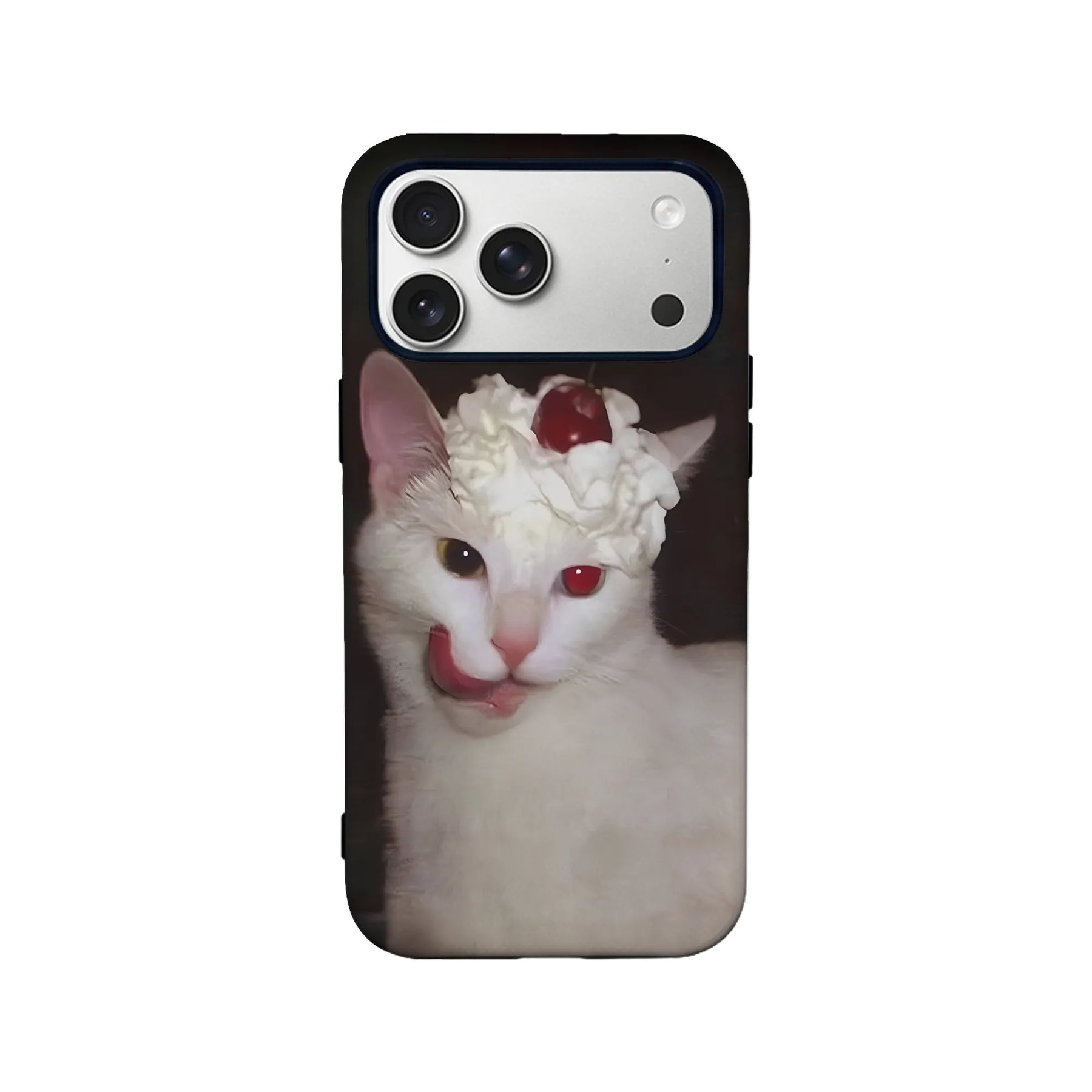 Black phone case with white cat dessert print, back angle smartphone accessory