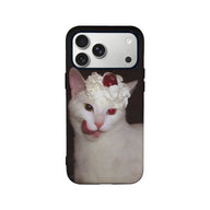Black phone case with white cat dessert print, back angle smartphone accessory