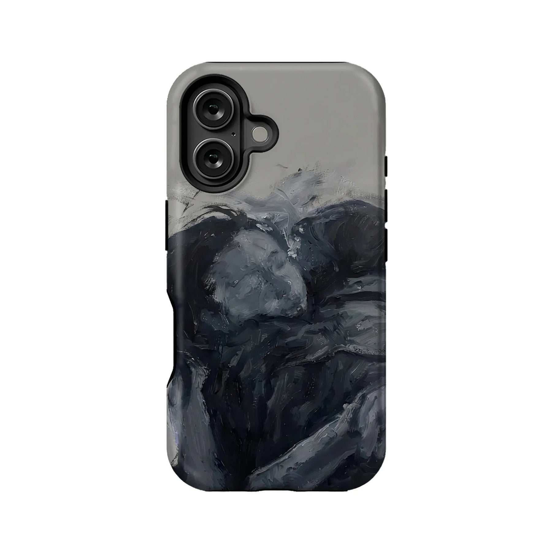 Gray and black abstract brushstroke phone case, rear view with dual camera cutout