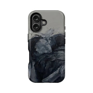 Gray and black abstract brushstroke phone case, rear view with dual camera cutout