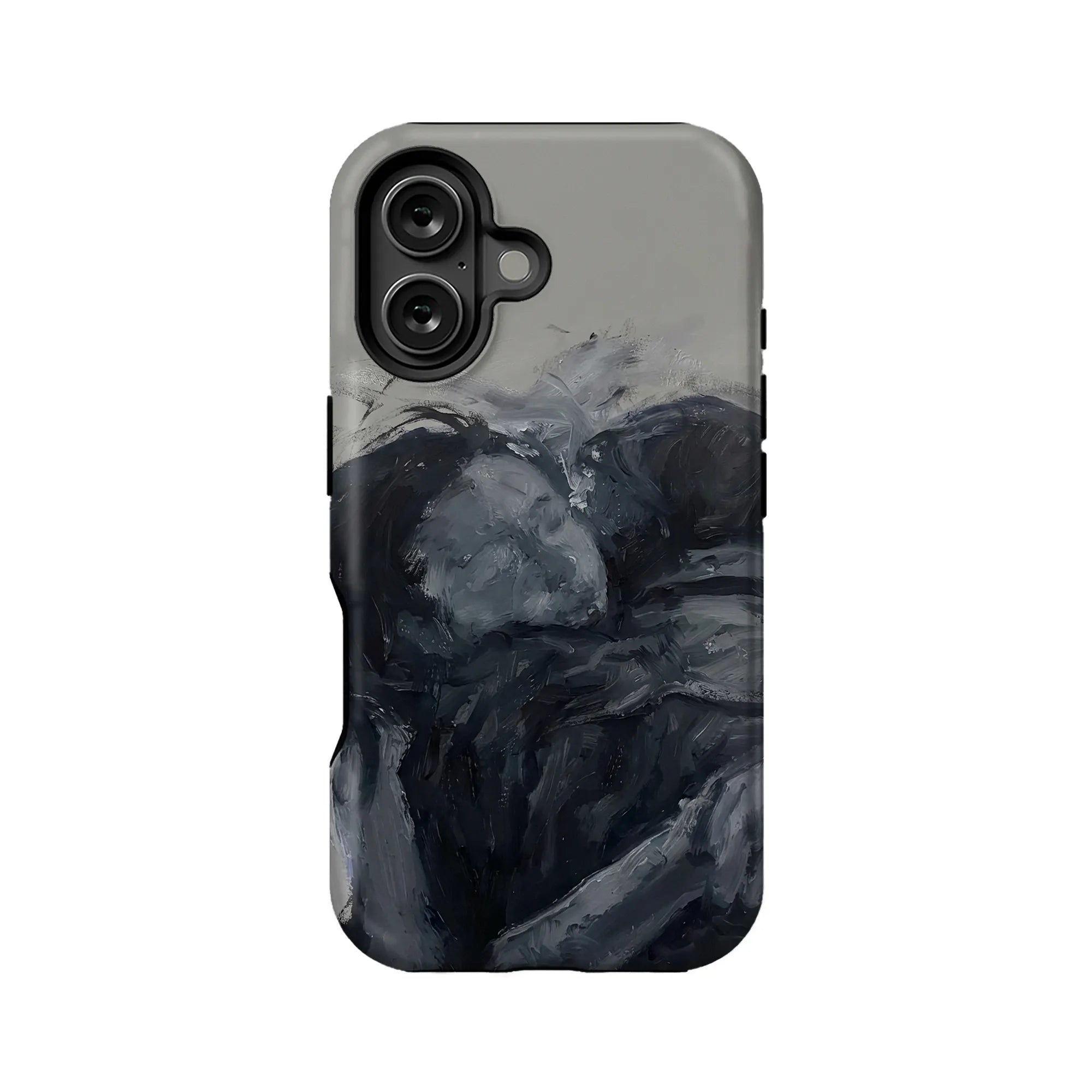 Gray and black abstract brushstroke phone case, rear view with dual camera cutout