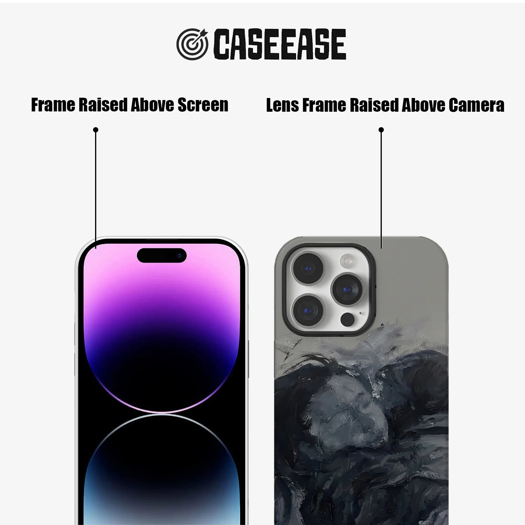 Gray and black artistic phone case front and rear views showing raised screen and camera frames