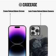 Gray and black artistic phone case front and rear views showing raised screen and camera frames