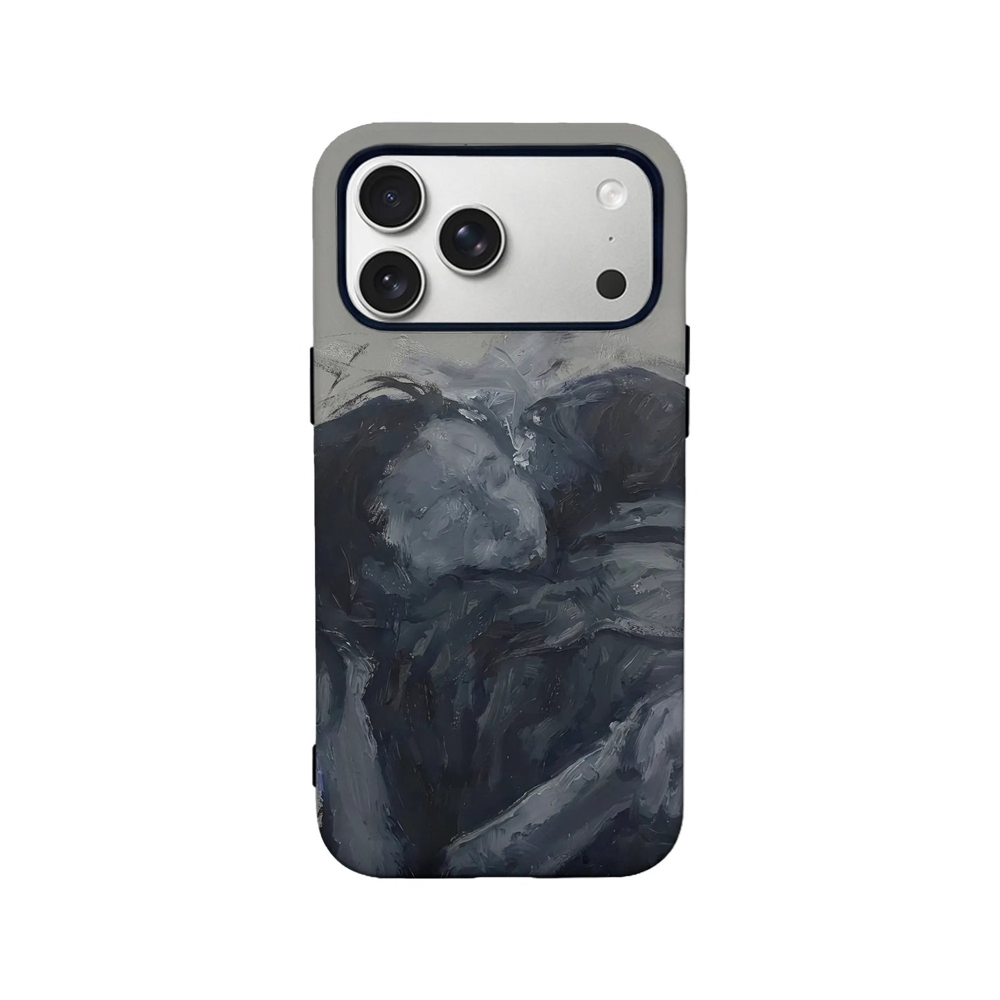 Gray and black abstract brushstroke phone case, rear angle with camera cutouts