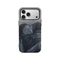 Gray and black abstract brushstroke phone case, rear angle with camera cutouts