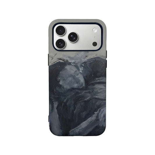 Gray and black abstract brushstroke phone case, rear angle with camera cutouts