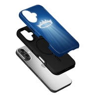 Blue plastic phone case with glowing crown design, angled exploded assembly over smartphone