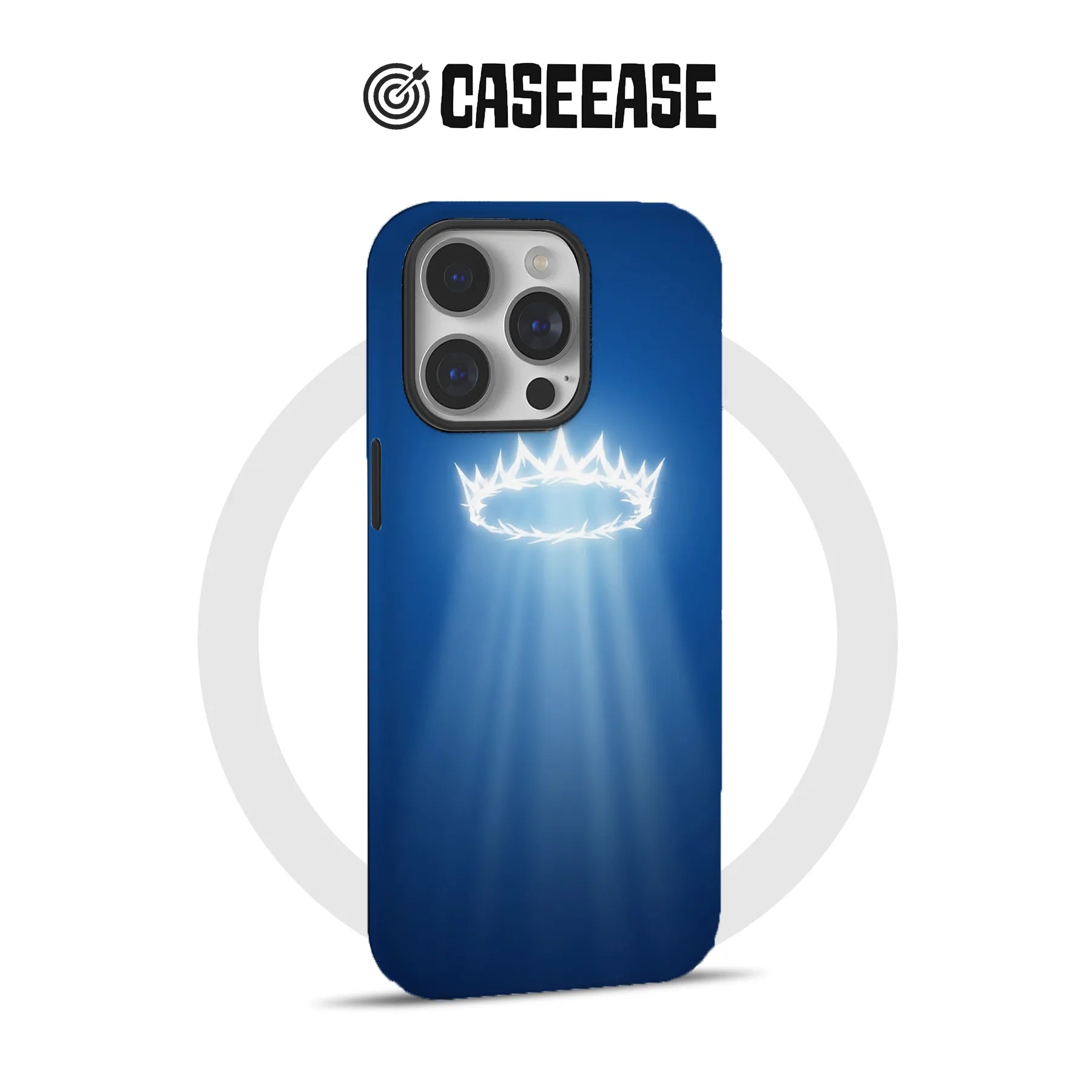 Blue CASEEASE phone case with glowing crown design shown from rear angle