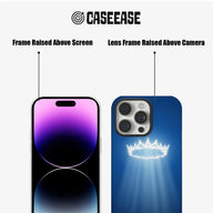 Blue Caseease phone case front and back showing raised screen and camera frames