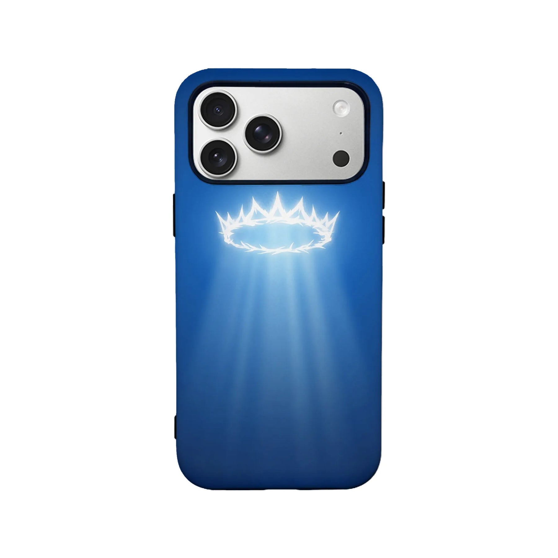 Blue phone case with glowing crown design, rear view showing camera cutout