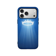 Blue phone case with glowing crown design, rear view showing camera cutout