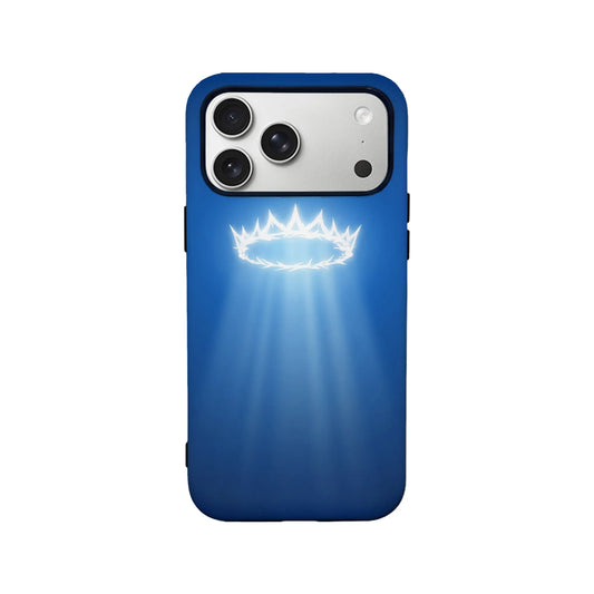 Blue phone case with glowing crown design, rear view showing camera cutout