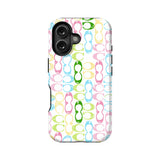 White phone case with colorful eyeglasses pattern, rear view with dual camera cutout