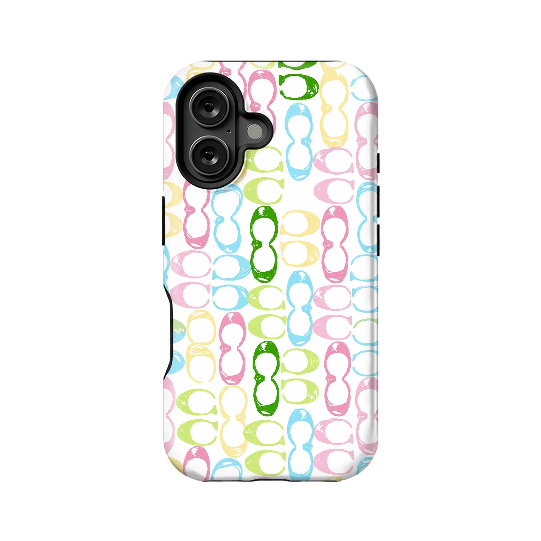 White phone case with colorful eyeglasses pattern, rear view with dual camera cutout