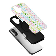 Exploded angled phone case with black base and colorful glasses patterned shell